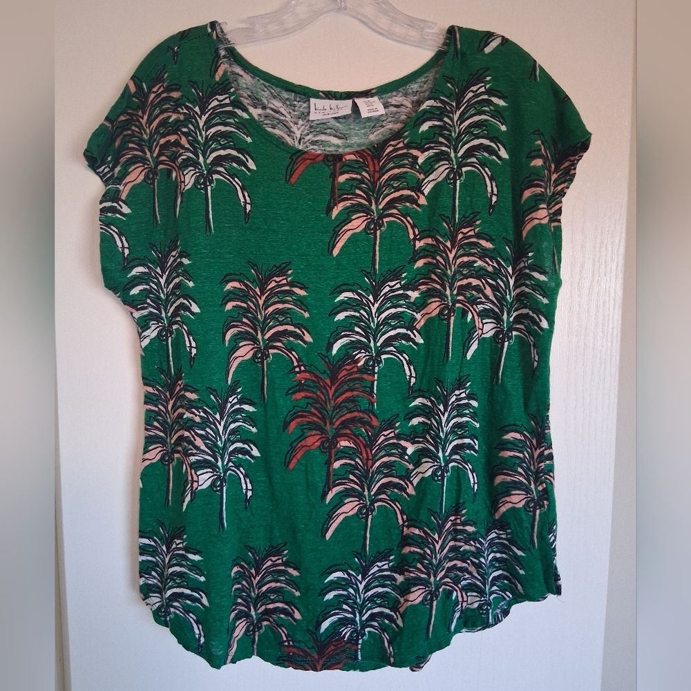 Nicole Miller Green Palm Print 100% Linen Top. Size XL